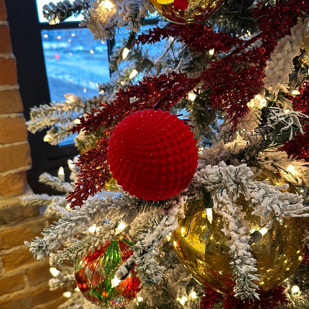 4" Red Flocked Durian Ball Ornament