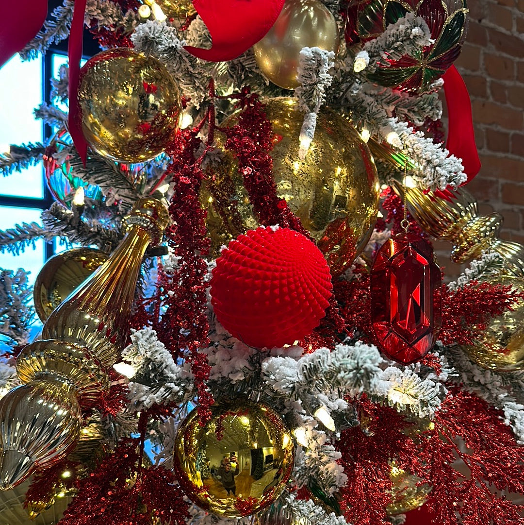 4" Red Flocked Durian Ball Ornament