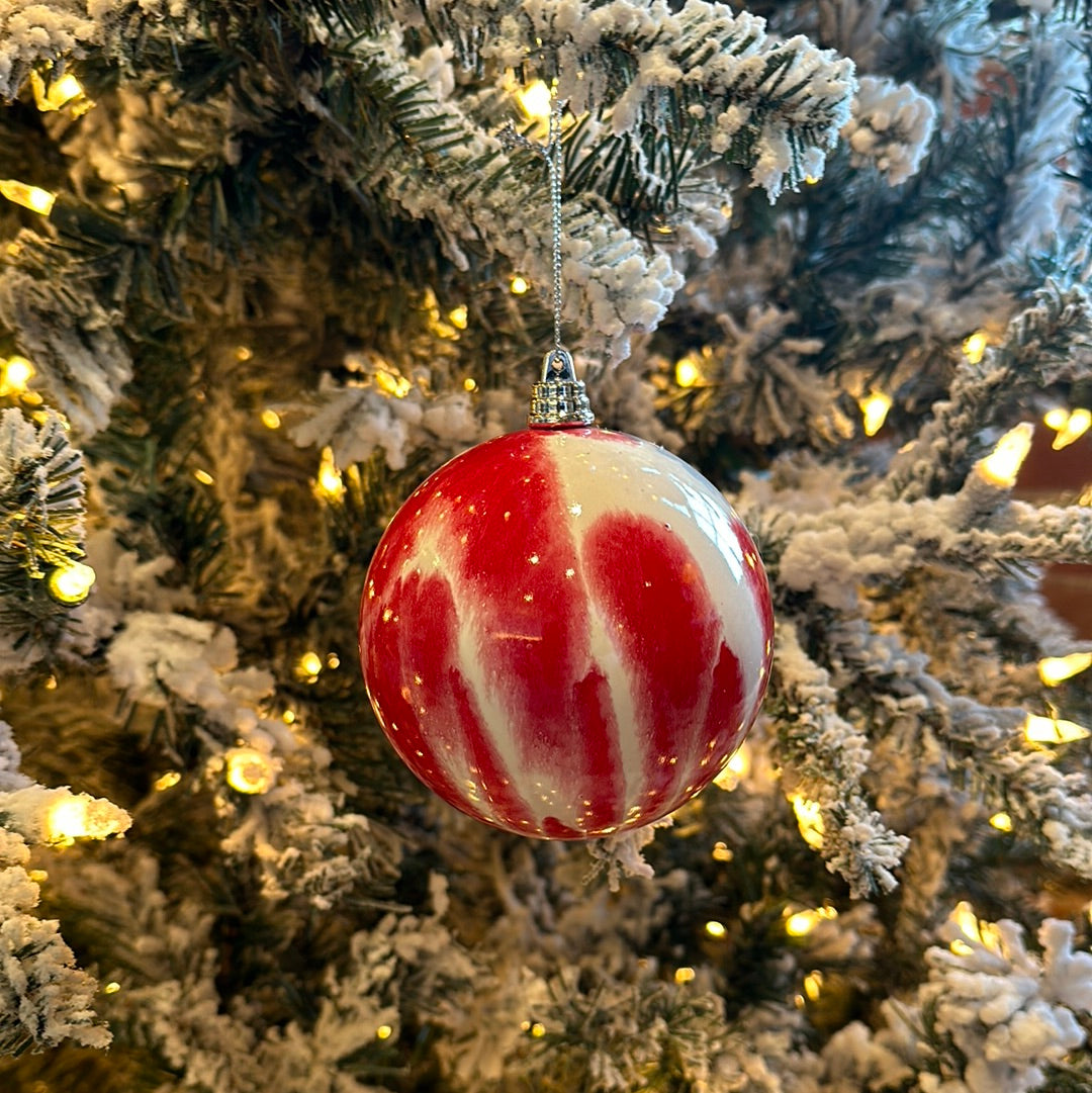 4" Red and White Marble Ball Ornament