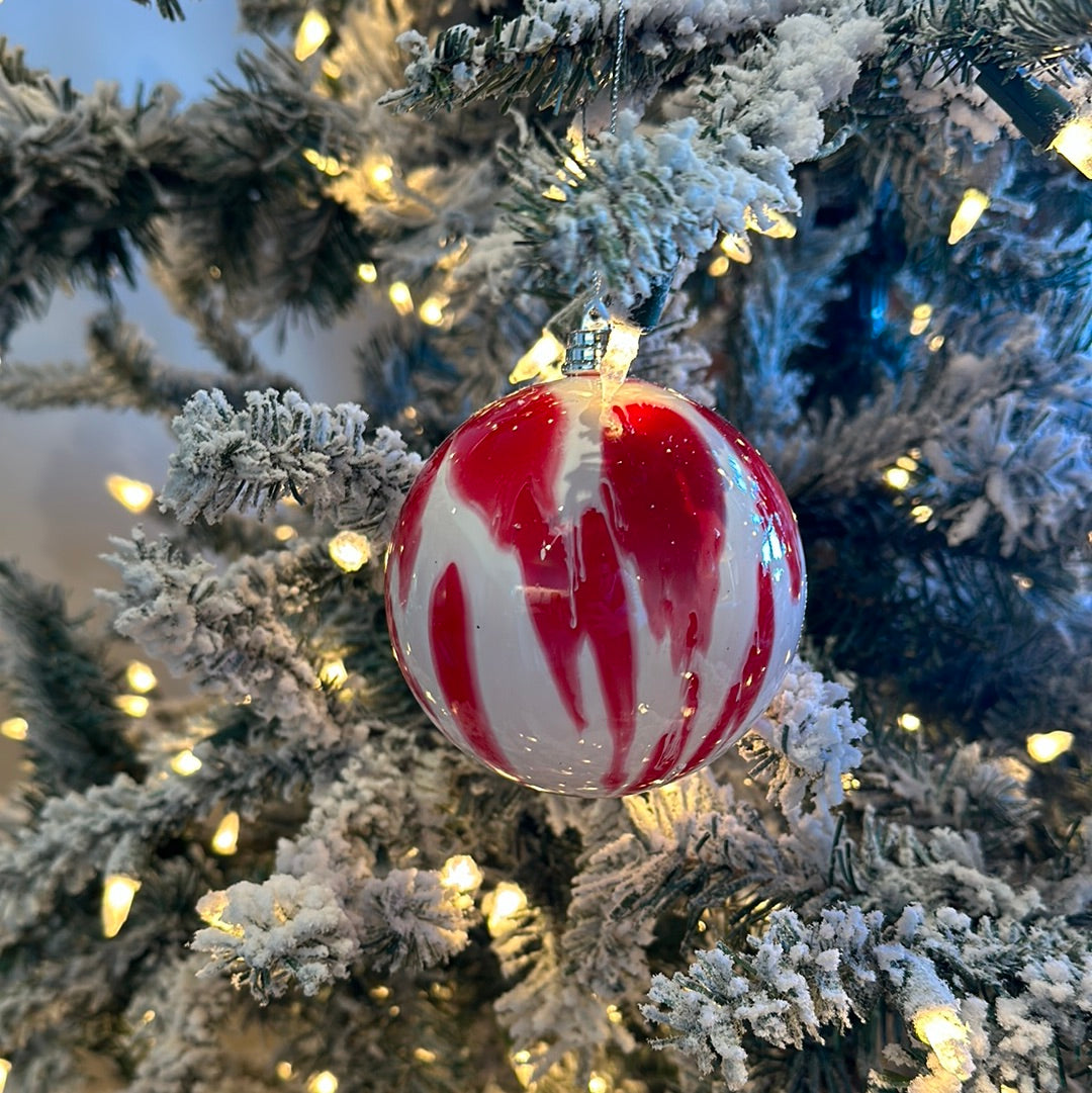 4" Red and White Marble Ball Ornament