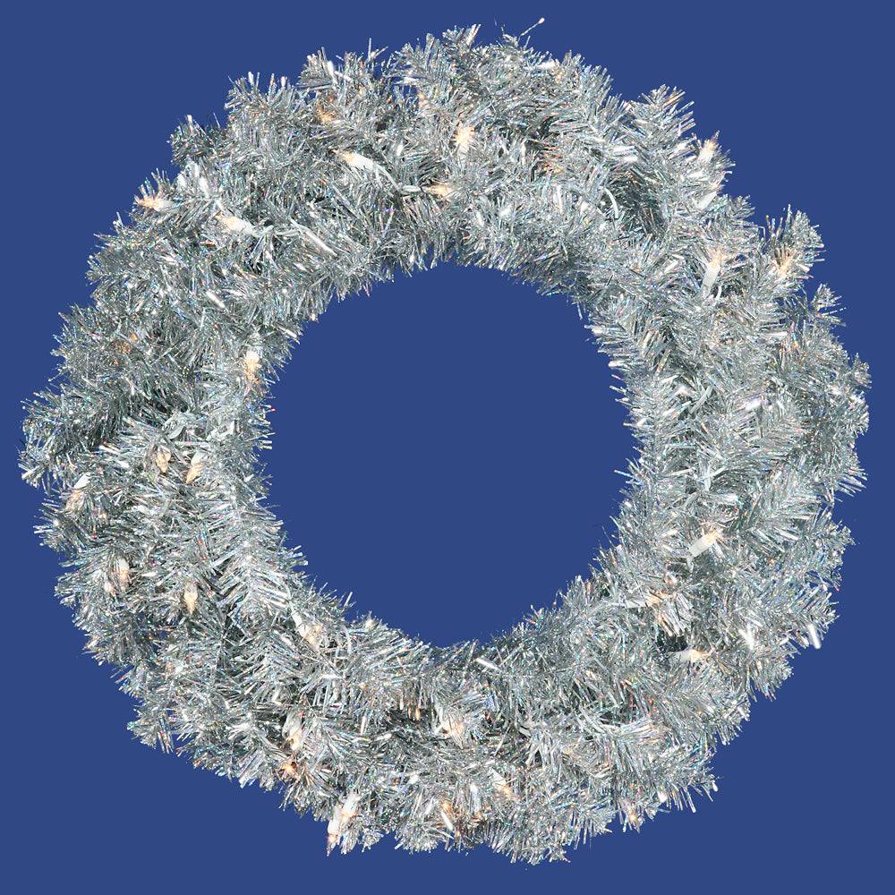 24" Silver Artificial Christmas Wreath, Warm White Dura-lit LED Mini Lights
