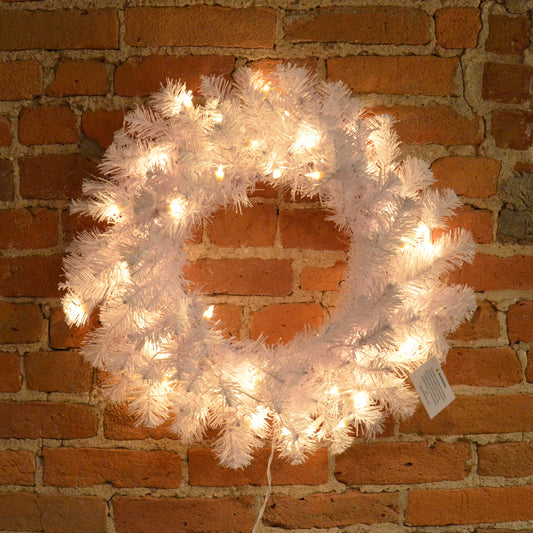 24" Crystal White Spruce Artificial Christmas Wreath, Clear Dura-lit Incandescent Mini Lights