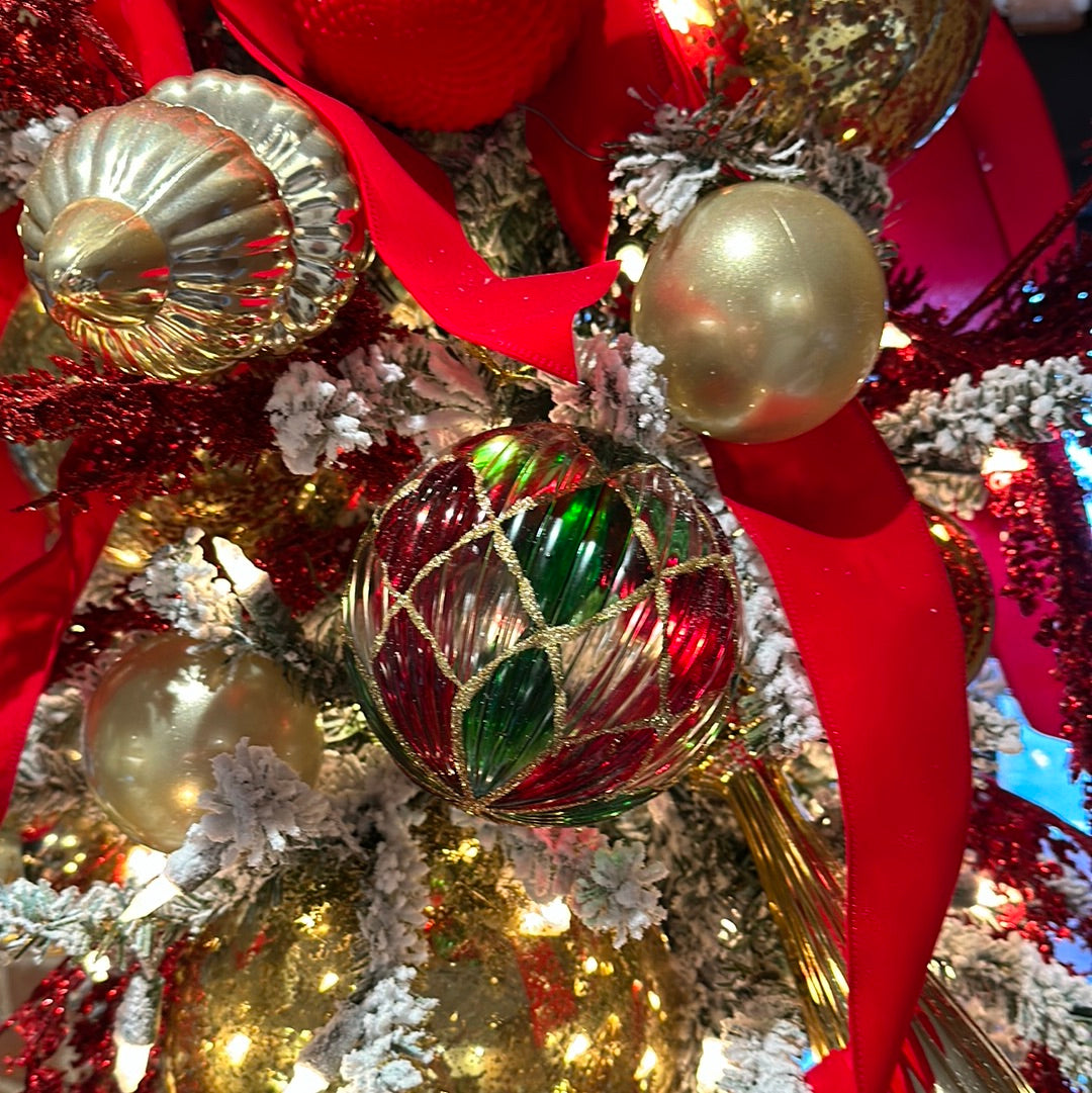 4.75" Red, Green, and Clear Diamond Pattern Ball Ornament