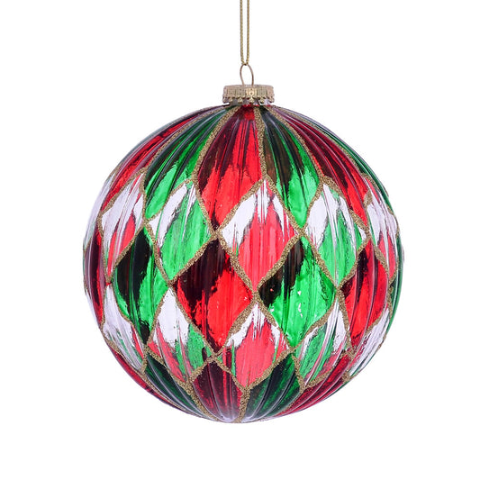 4.75" Red, Green, and Clear Diamond Pattern Ball Ornament